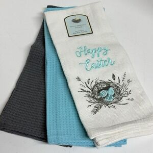 Well Dressed Home Happy Easter White Teal Gray Set Of 3 Kitchen Towels New